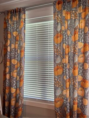 Gray, orange, light blue Floral Window Curtains -104in by 48 in. 2 panels total.